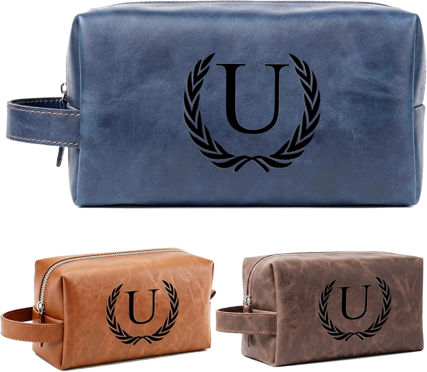 Personalized Leather Toiletry Bag for Men | Engraved Initial Waterproof Travel Bag - Dark Brown