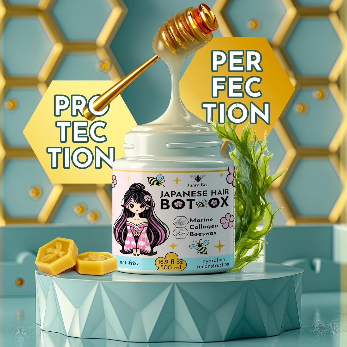 Jumybee Japanese BTX Hair Mask for Damaged Hair B-TOX – Collagen & Keratin Treatment with Beeswax & Seaweed, Anti-Frizz, Protein Repair, Formaldehyde-Free (16.9 oz)