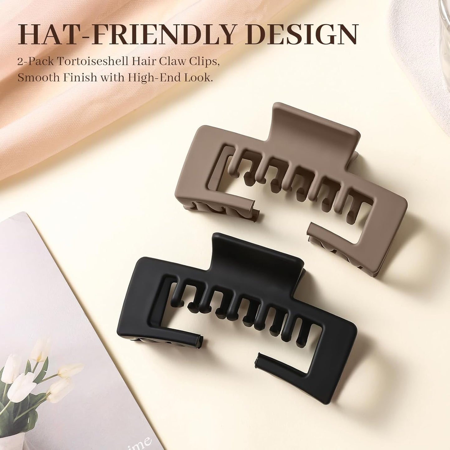 Baseball Cap Claw Clips - 2 Pcs Large Non-Slip Hair Clips for Women | Ideal for Thick & Fine Hair (Black & Brown)