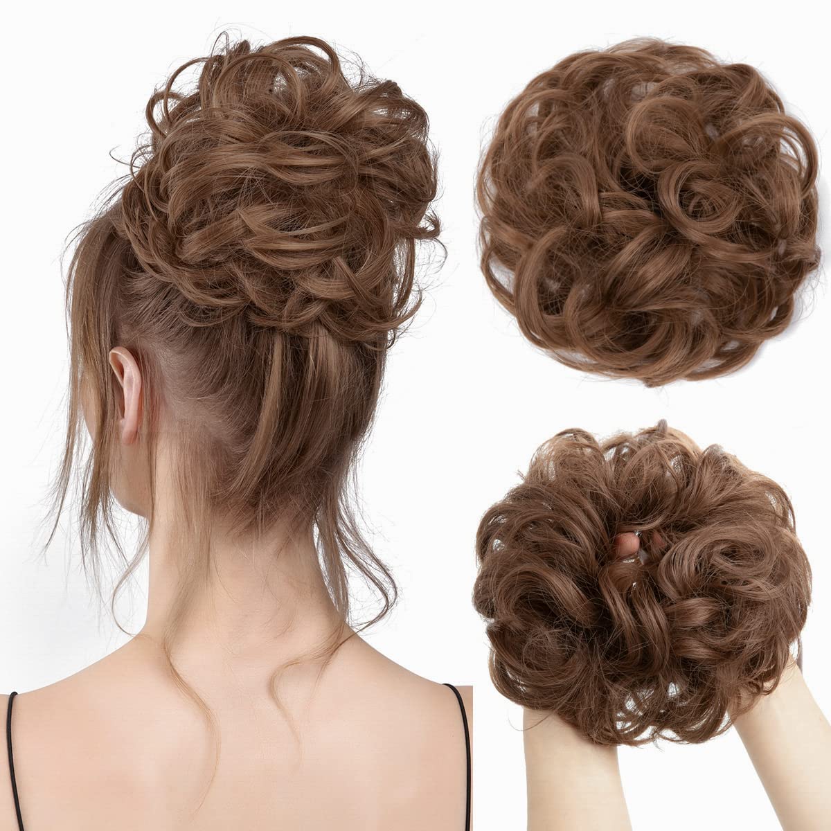 Large Messy Bun Hair Piece - Wavy Curly Synthetic Chignon Ponytail Extensions for Women | Dark Brown