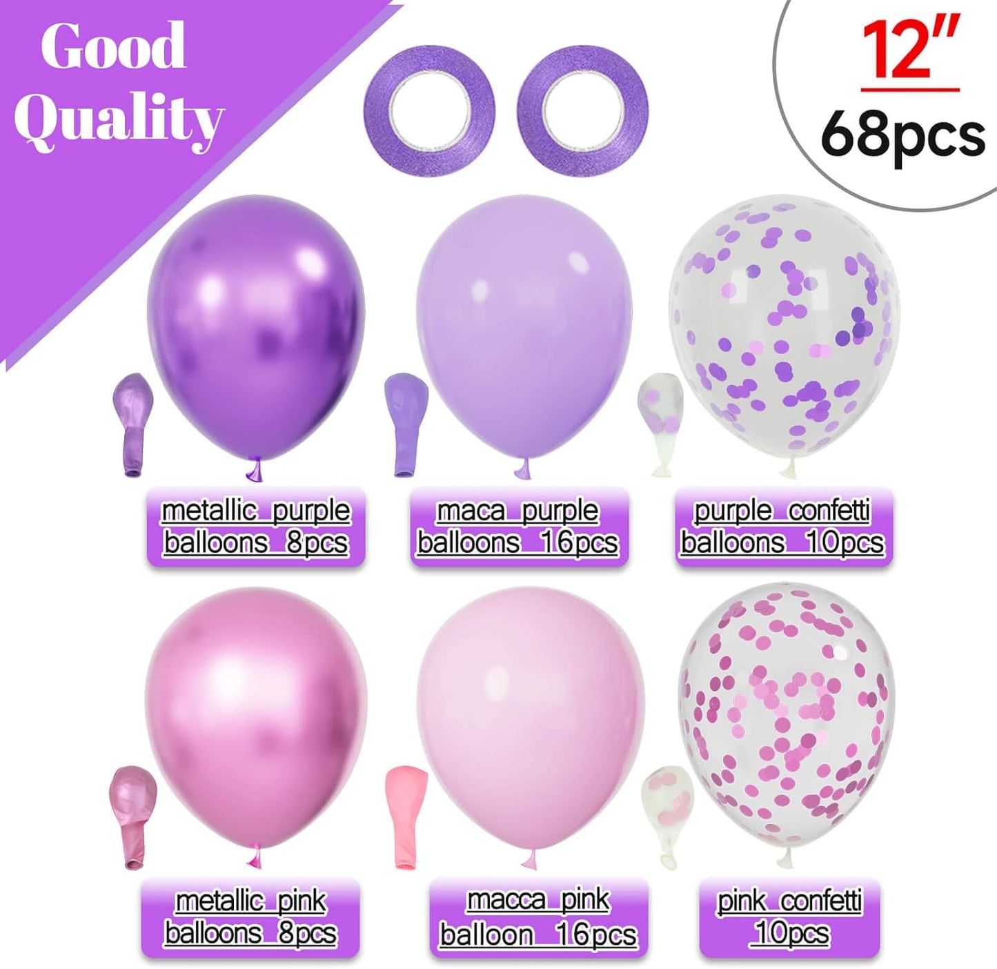 68Pcs Pink & Purple Balloons - 12 Inch Metallic Latex Balloons with Confetti & Ribbons | Perfect for Weddings, Birthdays & Baby Showers