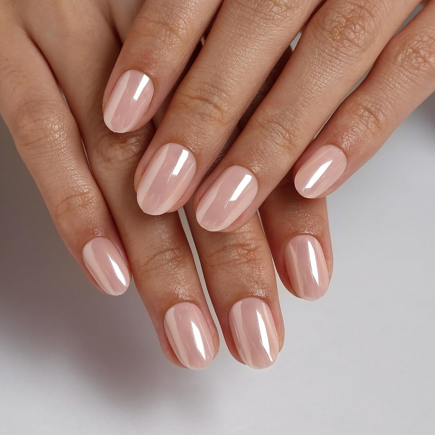 Chrome Press On Nails - Oval Soft Gel Nude Short for Women | 32 Reusable Glossy Glue-On Nails in 16 Sizes