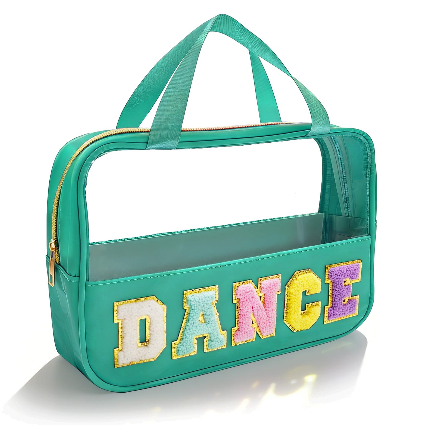 Dance Makeup Bag, Dance Recital Gifts for Girl Women, Chenille Letter Patch Clear Ballet Cosmetic Bag with Handle and Zipper, Waterproof Nylon Travel Toiletry Make Up Bag, Dance Competition Must Haves