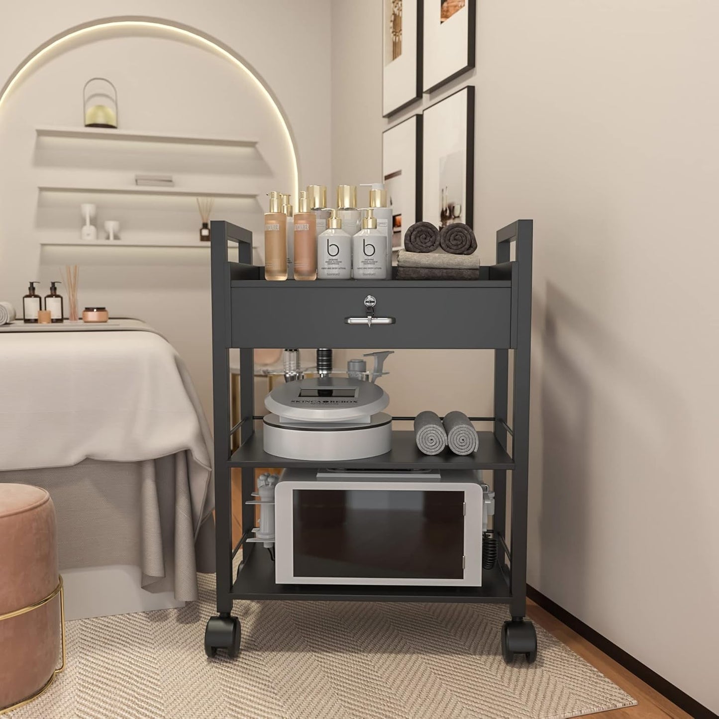 Salon Trolley Cart - Mobile Wooden Utility Cabinet with 1 Drawer & 2 Trays | Rolling Storage Station for Beauty Spa - Black