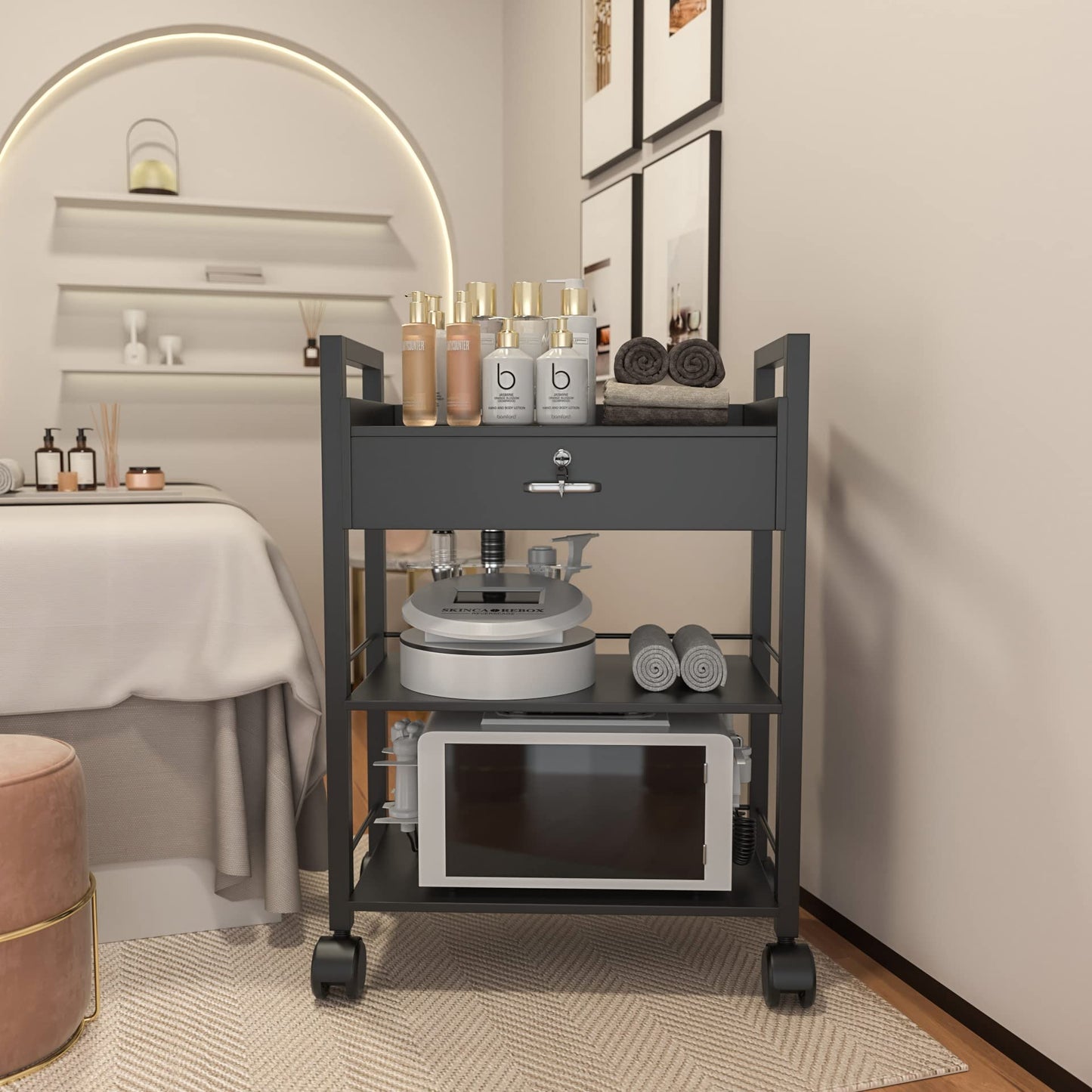 Salon Beauty Cabinet Cart Trolley 2-Layer Rolling Storage Drawer Organizer Wheels Lockable Tool Salon Station Barber Stylist Equipment Makeup Spa Cart (Black-3 Layer)