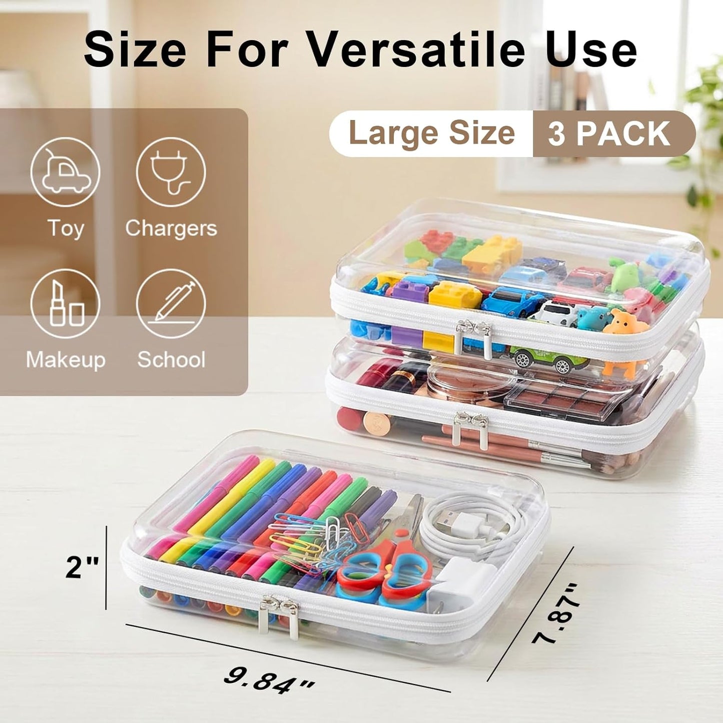 Clear Hard Shell Zipper Case - 3 Pack Large Organizer Pouches for Toys, Travel & Makeup | Waterproof Storage