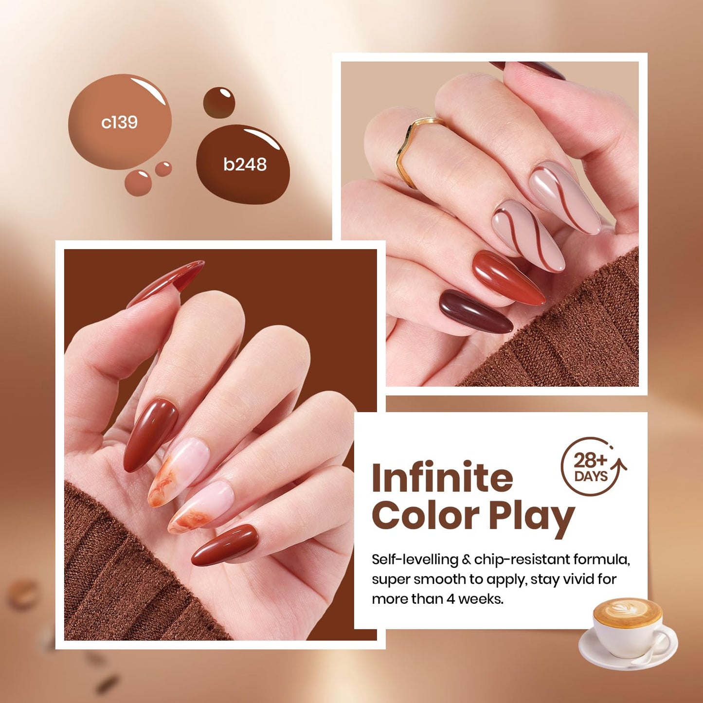 Beetles Brown Gel Polish Set - Toasty Aroma Collection, 6 Fall Colors Nude Brown Nail Colors UV LED Lamp Salon DIY at Home Nails Gifts for Women