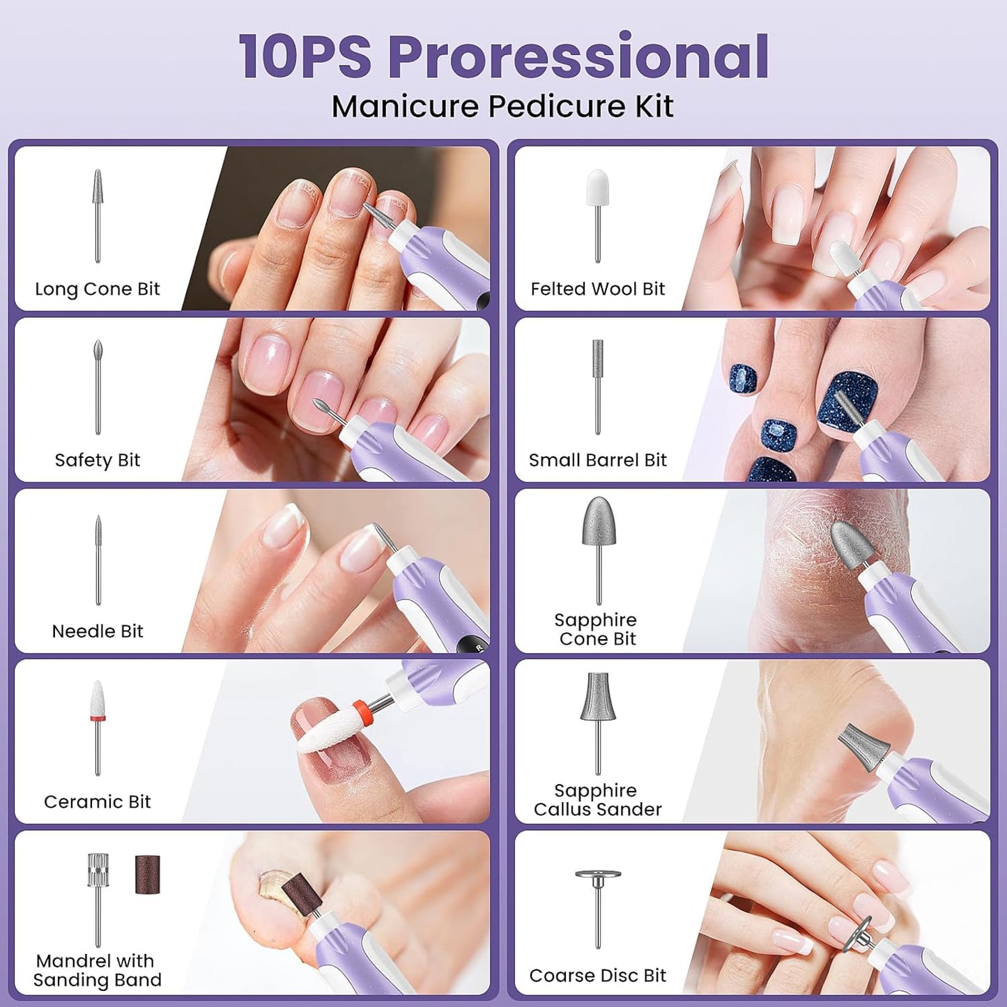 Electric Nail Drill - 10-Speed Cordless Nail File Kit for Thick Toenails | Rechargeable Manicure Pedicure Set with LED Display, Purple