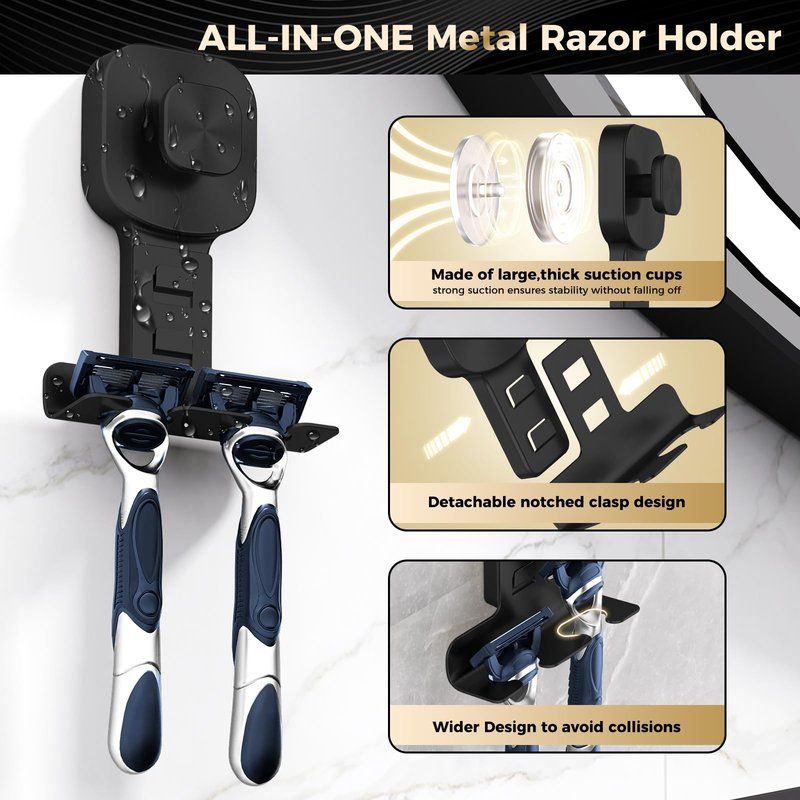 BKV Suction Cup Razor Holder for Shower,Reusable Shaver Holder for Shower,Stainless Steel Bathroom Suction Hooks for Towel,Loofah,Shaver,Damage Free Install & Remove-Black(2 Pack)