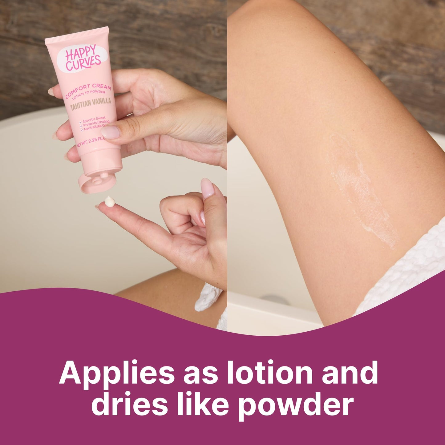 HAPPY CURVES Lotion to Powder Anti Chafing Odor Control Cream for Women: Aluminum-Free Cream for Private Parts, Under Breast, & Body 2.25 Fl Oz (1 Pack, Tahitian Vanilla)