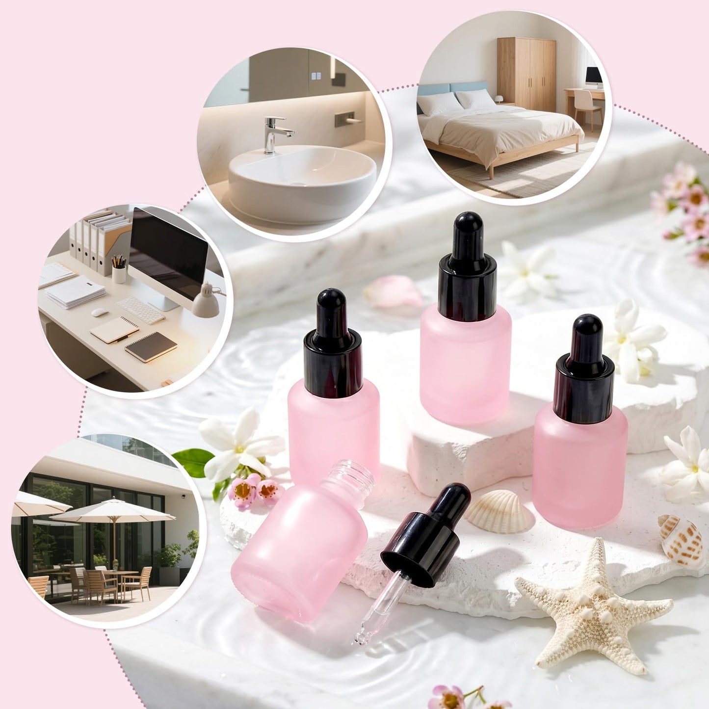 Segbeauty 0.5oz Frosted Glass Bottle with Dropper for Essential Oils, 15ml Small Travel Glass Dropper Bottle Refillable, 4pcs Pink Empty Travel Size Bottles for Hair Oils Liquids with Transfer Tool