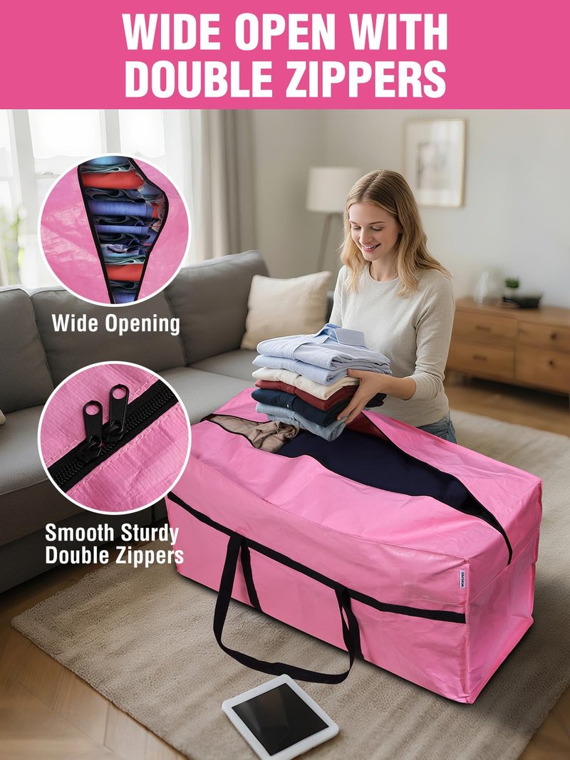WORKPRO 1-Pack 66 Gallon Extra Large Moving Bags with Zippers & Carry Handles, Heavy-Duty Storage Totes, 45" x 16" x 22", Holds Up to 110 lbs, for Moving, Dorm Move-In & Storage Organization, Pink