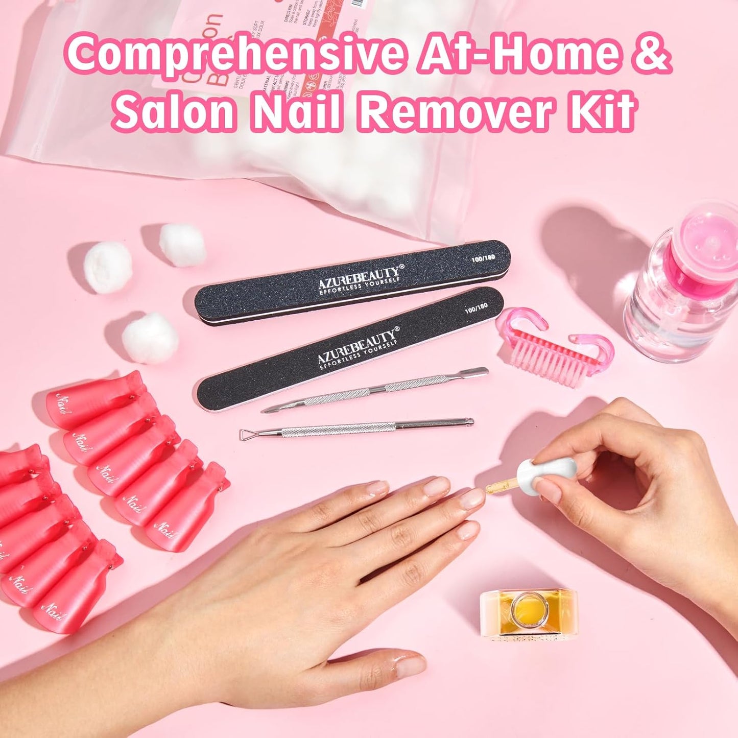 Nail Polish Gel Remover Kit - 150ml Remover, Nail Clips, Cuticle Oil & 100 Cotton Balls | Complete Nail Art Tools Set