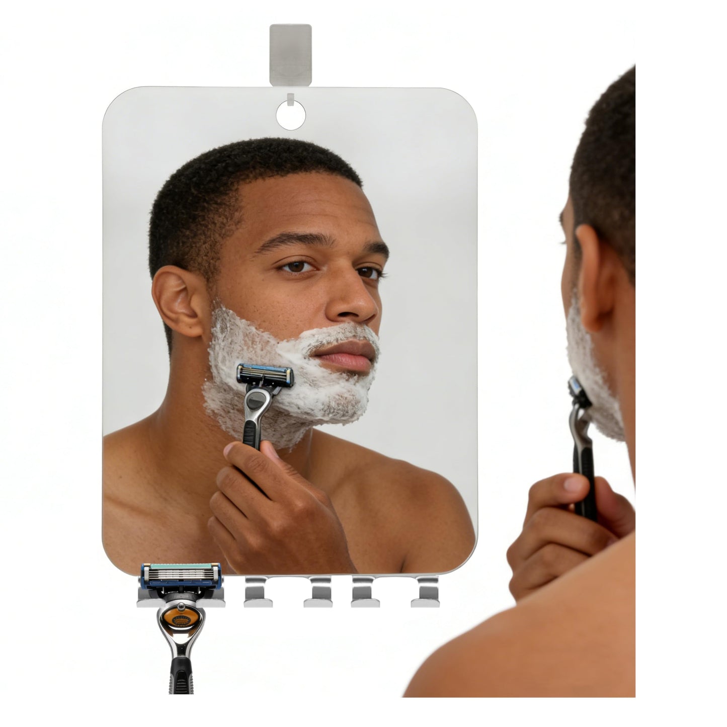 Yuibthr Large Fogless Shower Mirror for Shaving with 3 Razor Holders, Anti-Fog Hanging Wall Mirror for Men Women, Essential Fog Free Bathroom Shower Accessories with Adhesive Hook (10”L x 8”W)