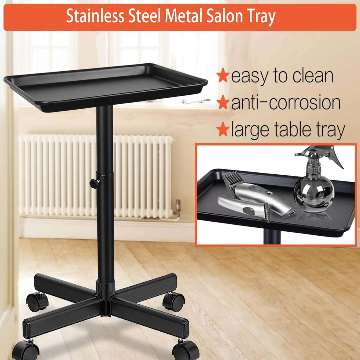 Height Adjustable Rolling Beauty Trolley Cart - Professional Salon Tray on Wheels | Black