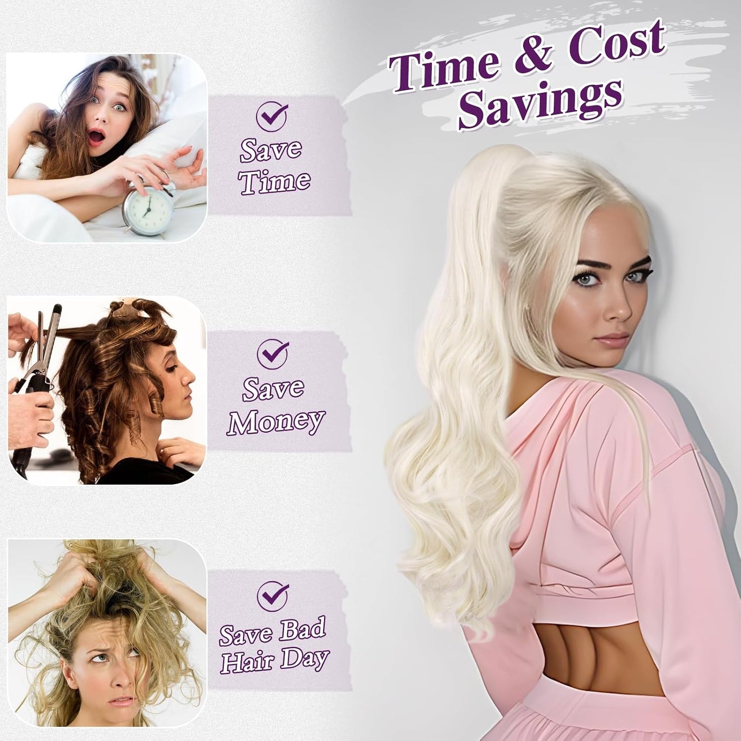 Platinum Blonde Wavy Drawstring Ponytail Extension - 20 Inch Clip-In Hairpiece for Women | Natural-Looking Curly Hair