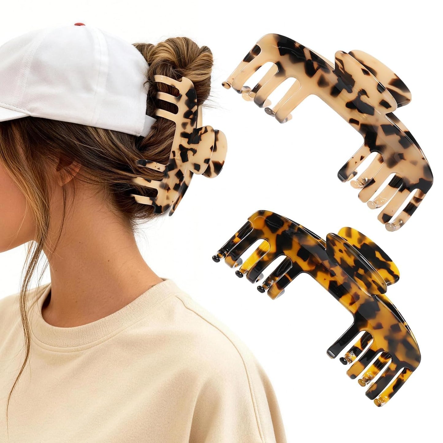 Large Hat Claw Clips for Women - 2 PCS Acetate Hair Clips for Baseball Caps | Tortoise Shell, Strong Hold Design