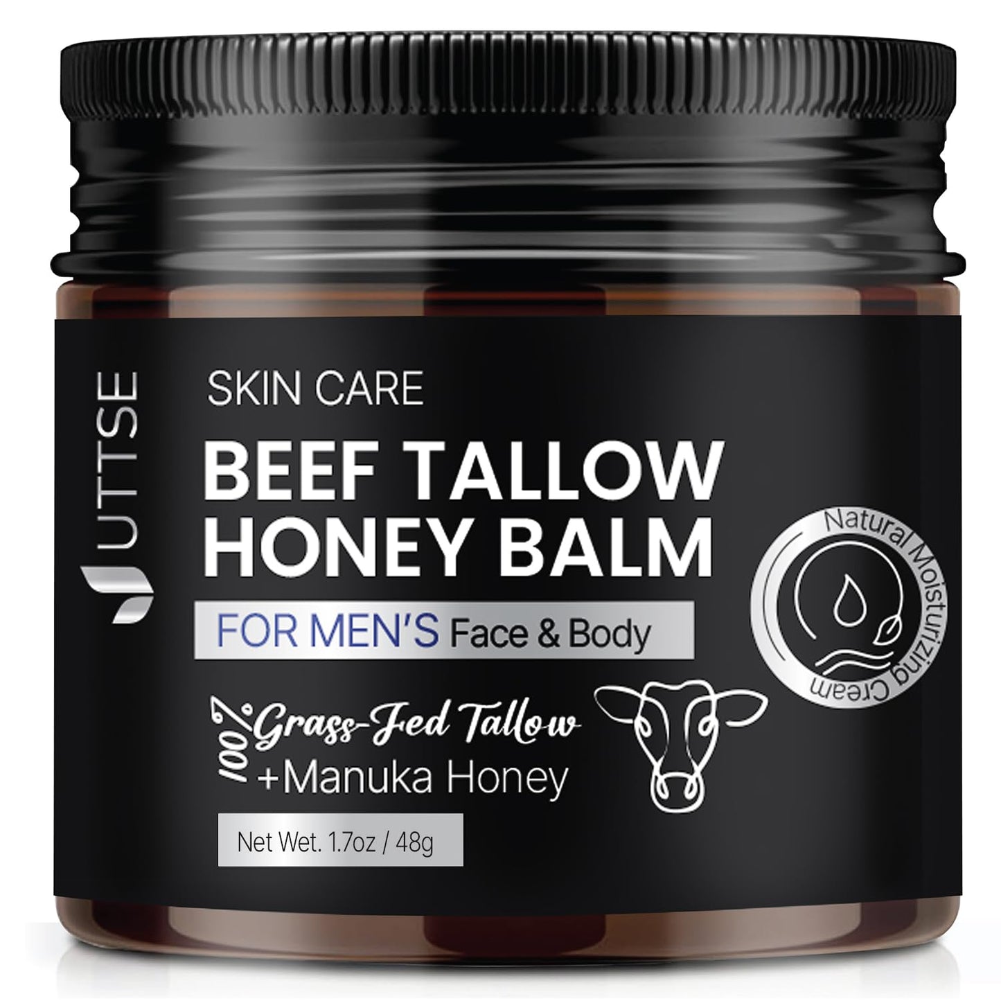 Uttse Men's Beef Tallow for Skin Care:100% Grass-Fed Beef Tallow Face Moisturizer For Men - Tallow and Honey Balm With Olive Oil Manuka Honey For Sensitive Dry Skin Repair 1.7 oz