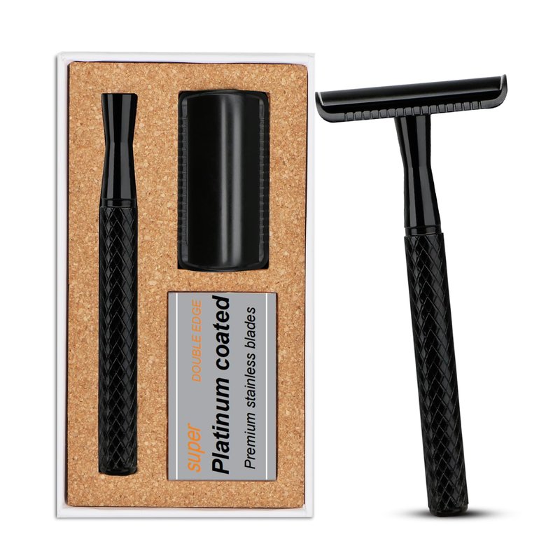 THURLADY Matte Black Safety Razor, Single Blade Razors for Men, Reusable Metal Razor, with 5 Stainless Steel Double Edge Blades, Smooth Close Shave, Sustainable, Plastic Free