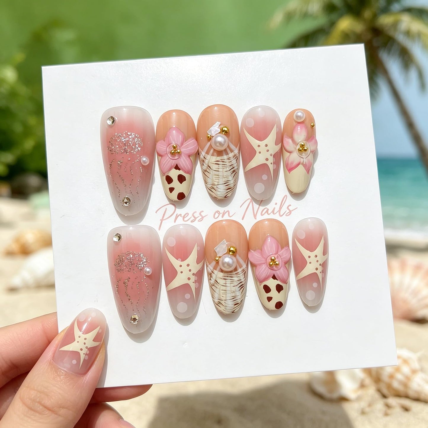 30 Pcs Summer Press on Nails Beach Fake Nails with Cute Flower Ocean Jellyfish Starfish Pattern Design Pearl Full Cover Almond False Nails Reusable for Women Summer Beach DIY Manicure Decoration