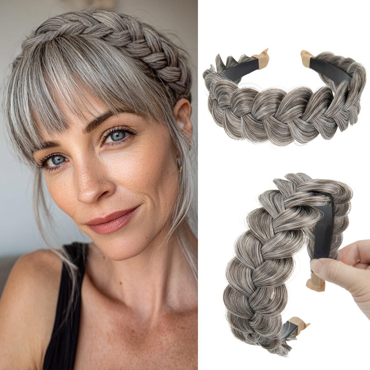 Braided Headbands for Women - Handmade Synthetic Hair Hoops with Teeth | Sand Color, 1PC