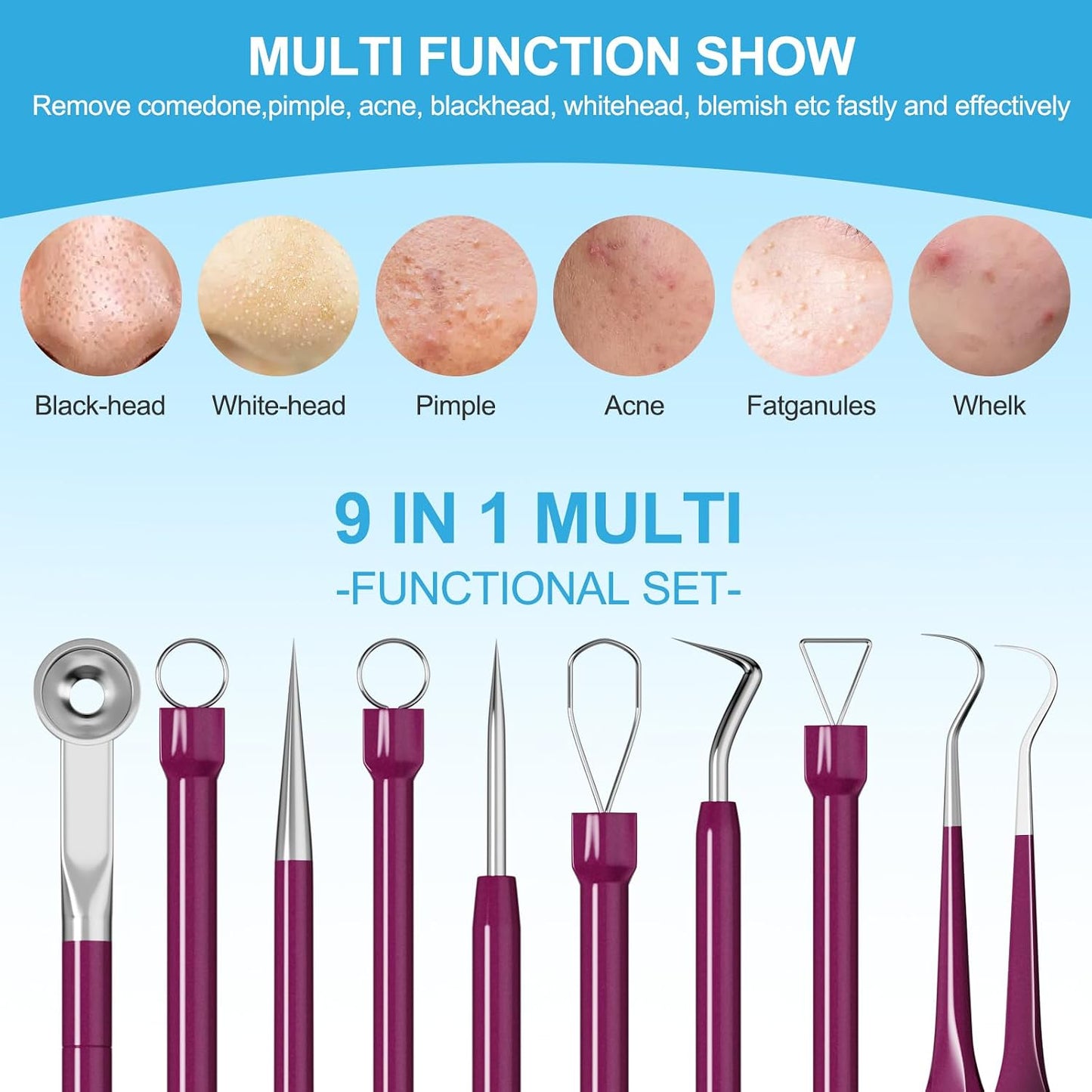 Blackhead Remover Tool Kit - Deep Cleaning Face Scraper & Pimple Popper | Skin Scrubber Spatula for Men & Women (Rose Red)