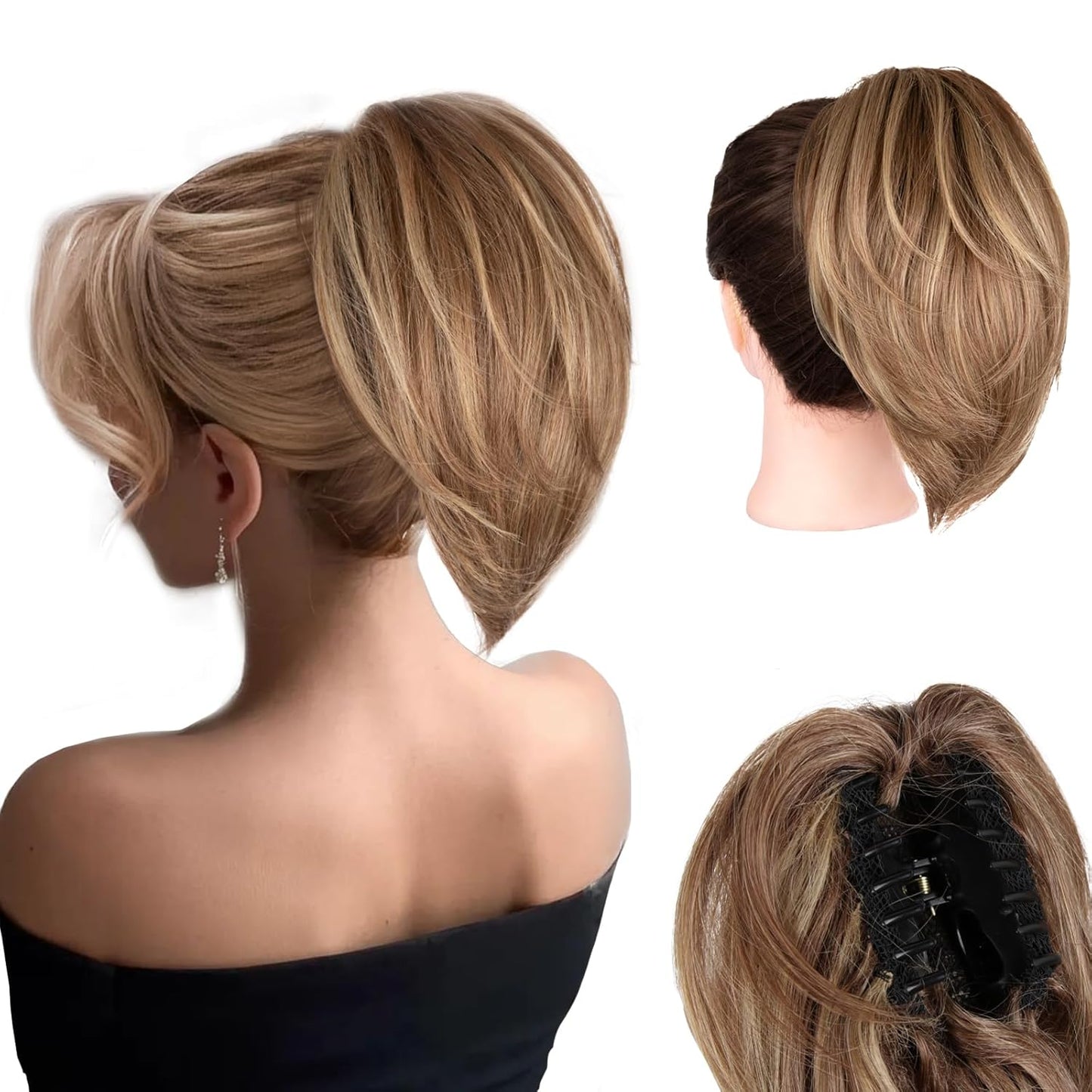 10 Inch Ponytail Extension - Straight Claw Clip Synthetic Hair | Brown with Blonde Highlights