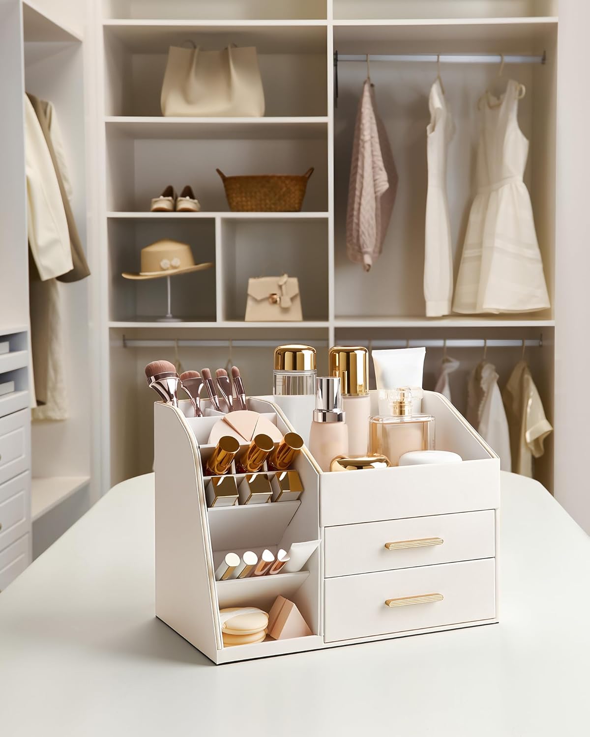 Makeup Organizer - 3-Layer PU Leather Storage Box with Drawers | Easy to Clean Vanity Display Case - Cream