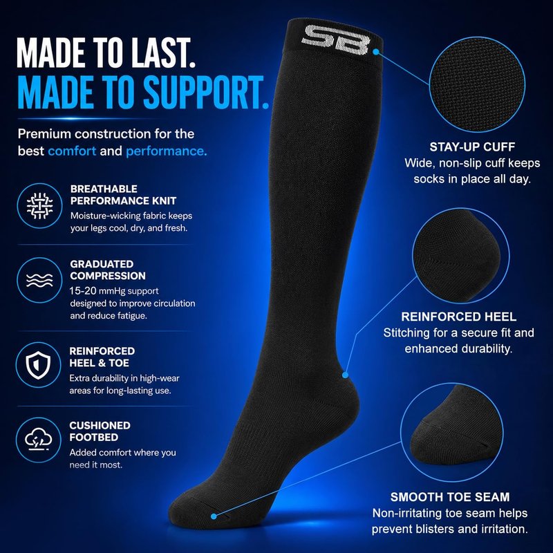 SB SOX 3-Pair Compression Socks for Men & Women (15-20mmHg) – Best Compression Socks for Flying, Medical, Sports, Wide Calf Fit, Skiing, and Daily Wear (L/XL, 01 – Solid Black)