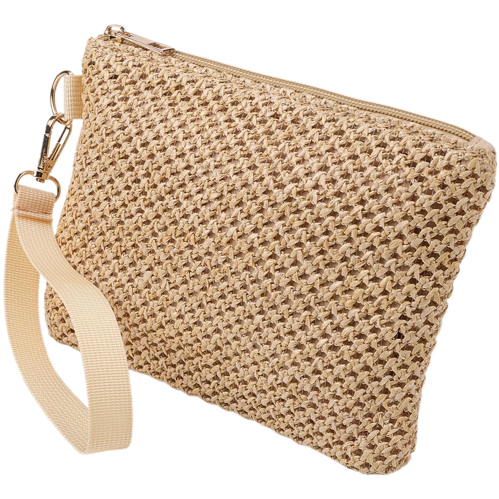 CREATCABIN Beige Straw Woven Cosmetic Pouch Bohemian Beach Straw Purses Portable Vacation Travel Storage Clutch Bags for Outdoor Camping Toiletry Makeup Tools Organiser Hawaii Zipper Handbags 8.3x6in