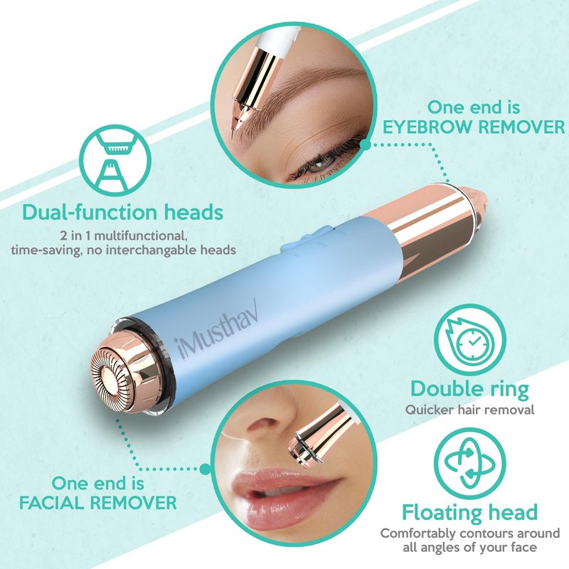 iMusthav Face Hair Removal for Women, 2-in-1 Facial Hair Remover & Eyebrow Trimmer, Painless Flawless Face Shaver with LED Light, Rechargeable Peach Fuzz Remover & Electric Eyebrow Razor for Women