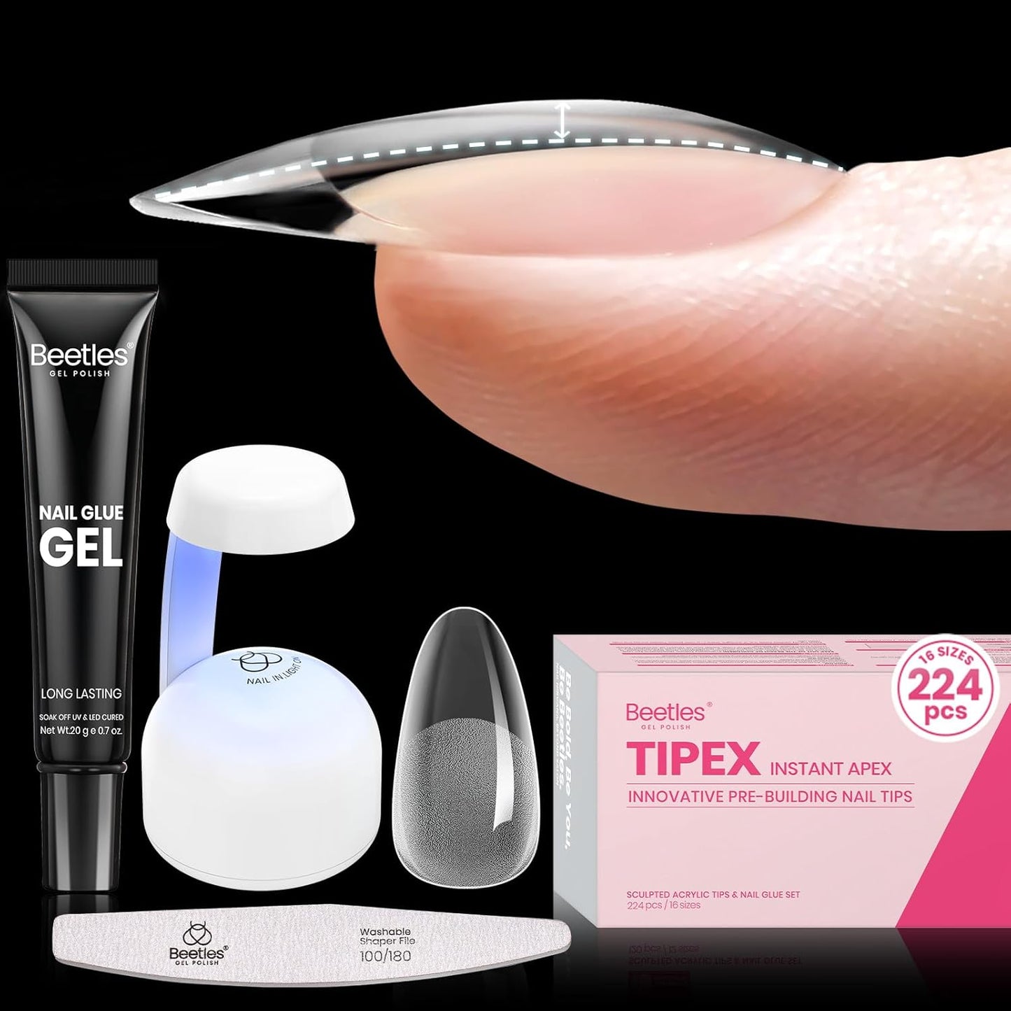 Beetles Tipex Gel Nail Kit - 224 Pcs Extra Short Square Nail Tips with Mini Lamp & Glue | 16 Sizes