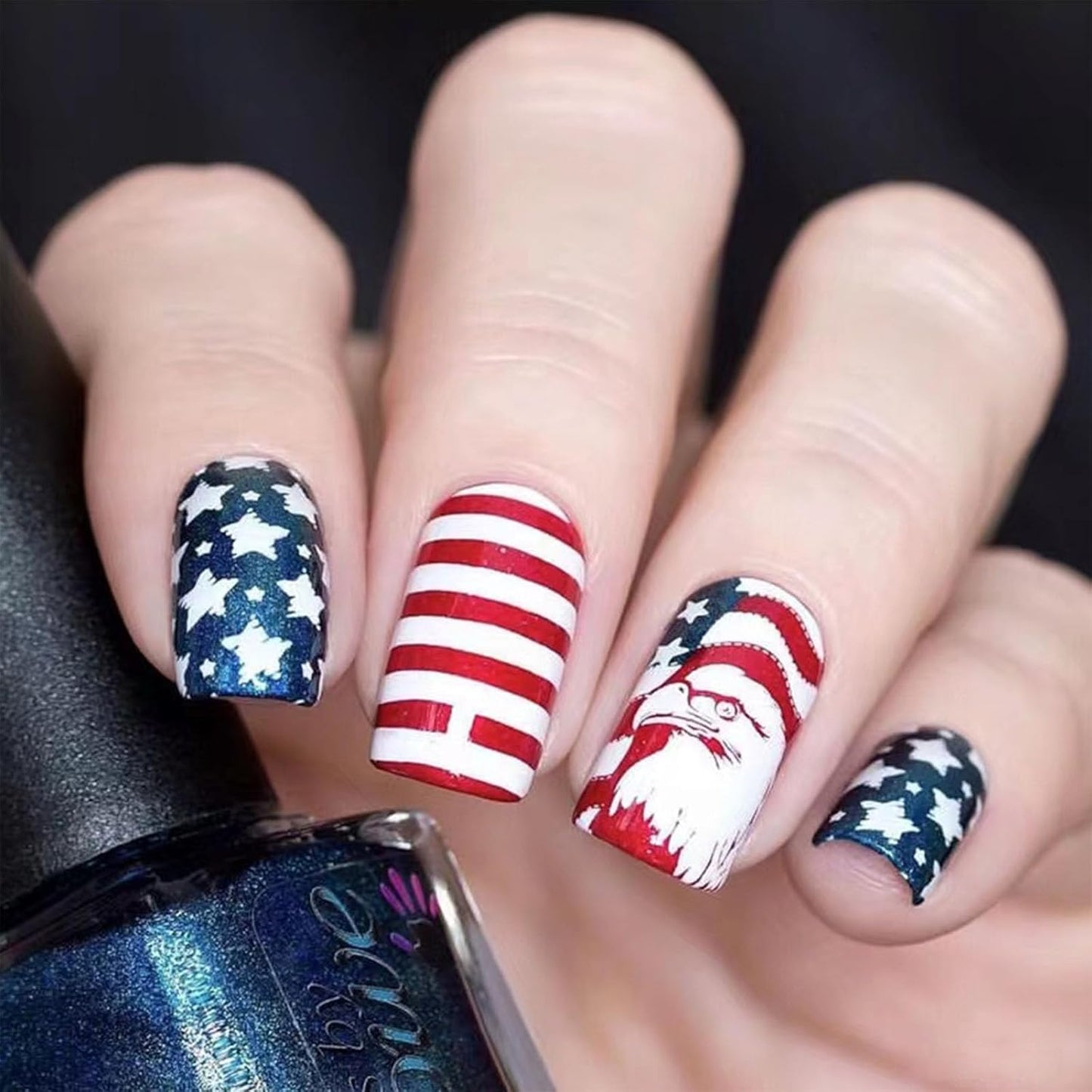 Press On Nails - Short Square Red, White & Blue Acrylic Nails with Glitter Stars | 4th of July Designs, 24 Pcs