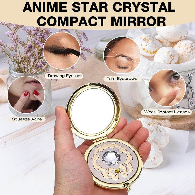 Saluaqui Anime Star Makeup Mirror, Cute Japanese Style Portable Folding Mirror with Crystal - 2.75 Inch Travel Purse Mirror, Unique Cosmetic Mirror & Cosplay Prop Gift for Women and Girls