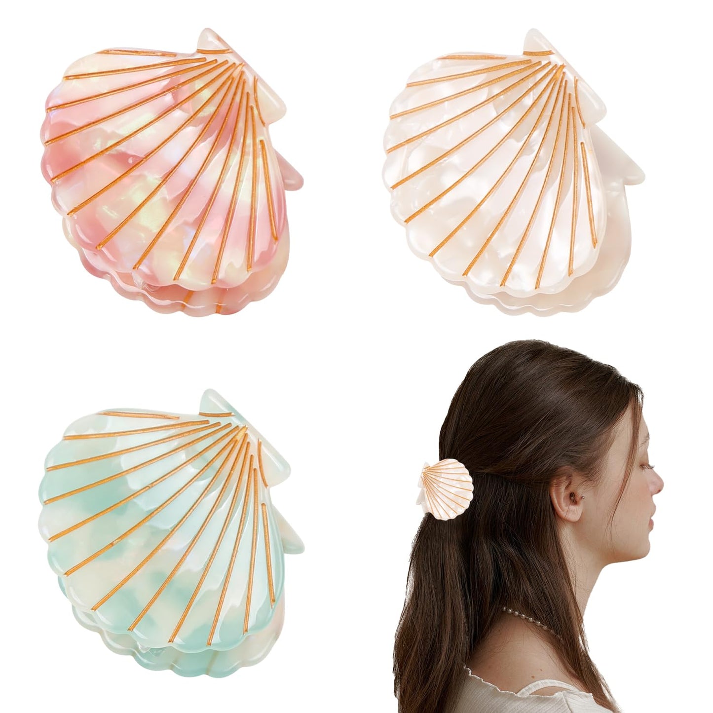 Seashell Hair Clips Set - Mermaid Shell Claw Clips in Marble Pattern | 3 Colors for Women & Girls