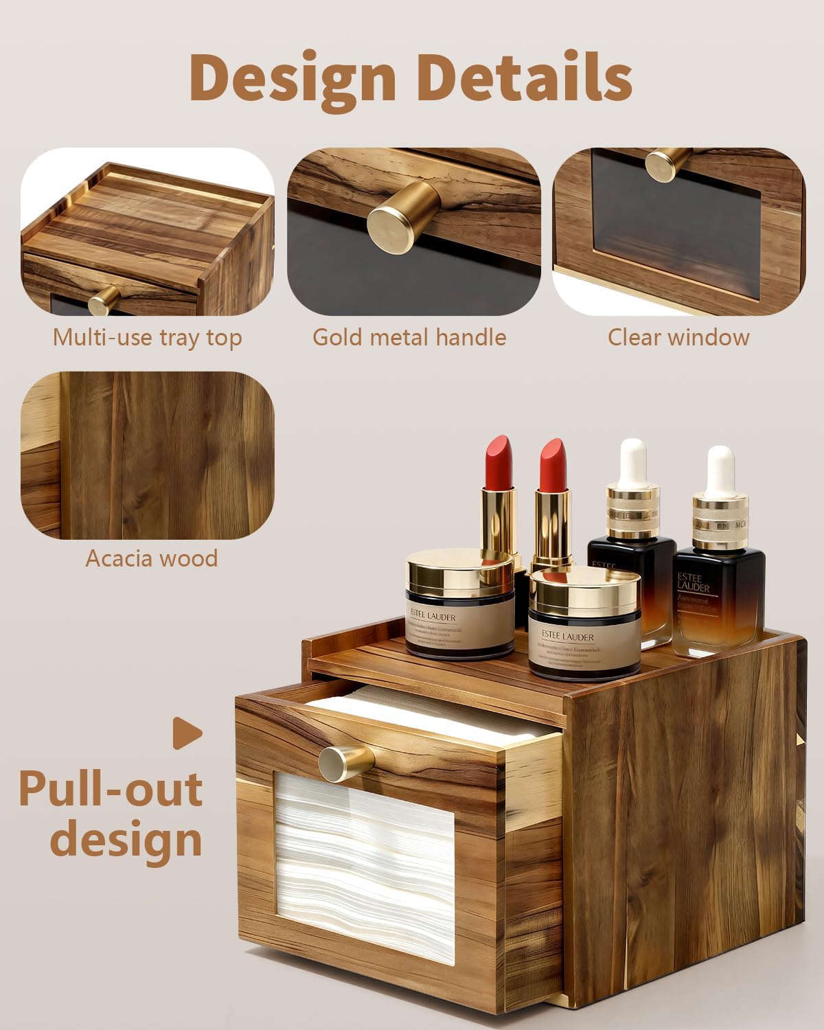 Disposable Face Towel Holder - Acacia Wood Storage Box for XL Towels | Bathroom Vanity Organizer & Wall Mount