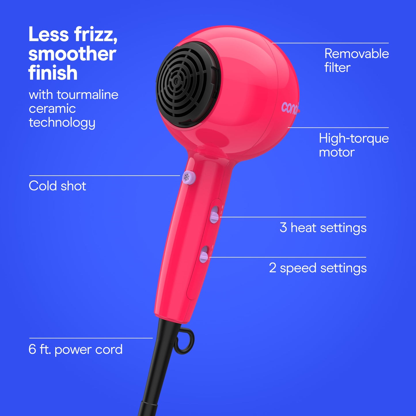 Conair Cake Pop Hair Dryer with Diffuser & Concentrator Attachments, Blow Dryer, Hair Dryers for Women, Tourmaline Ceramic Technology, 3 Heat/2 Speed Settings, Compact Hair Dryer w/Concentrator, Pink
