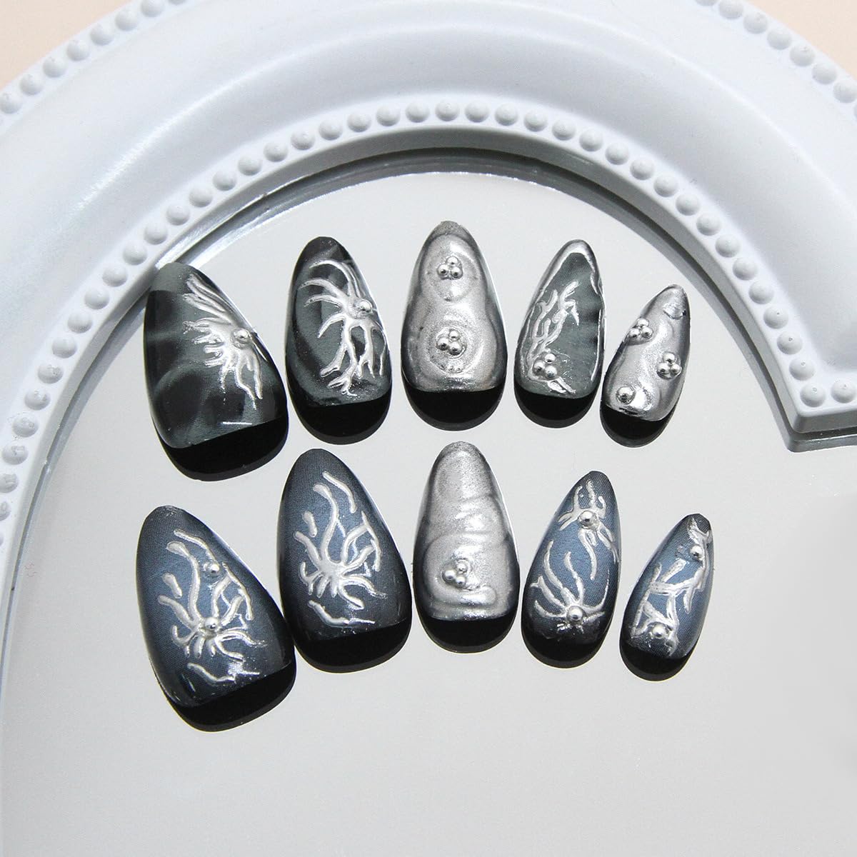 Goth Press-On Nails - 30 Pcs Medium Almond Shape | 3D Silver Alloy Glitter Design, Reusable Black Acrylic Full Cover