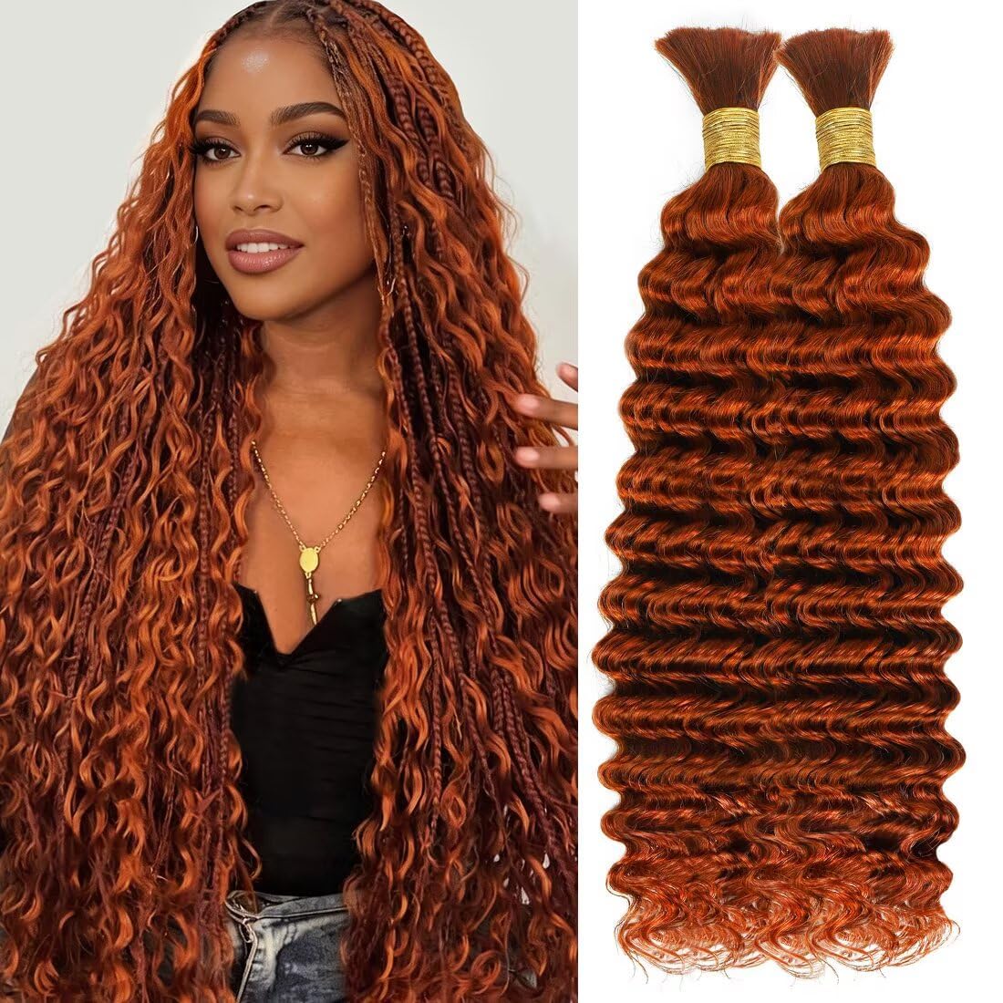 Boho Hair for Braiding, Curly Virgin Human Braiding Hair for Women, 12A Knotless Deep Wave Bulk Bohemian Styles, 100g 14 Inch 2 Bundles/Pack Ginger Color 350