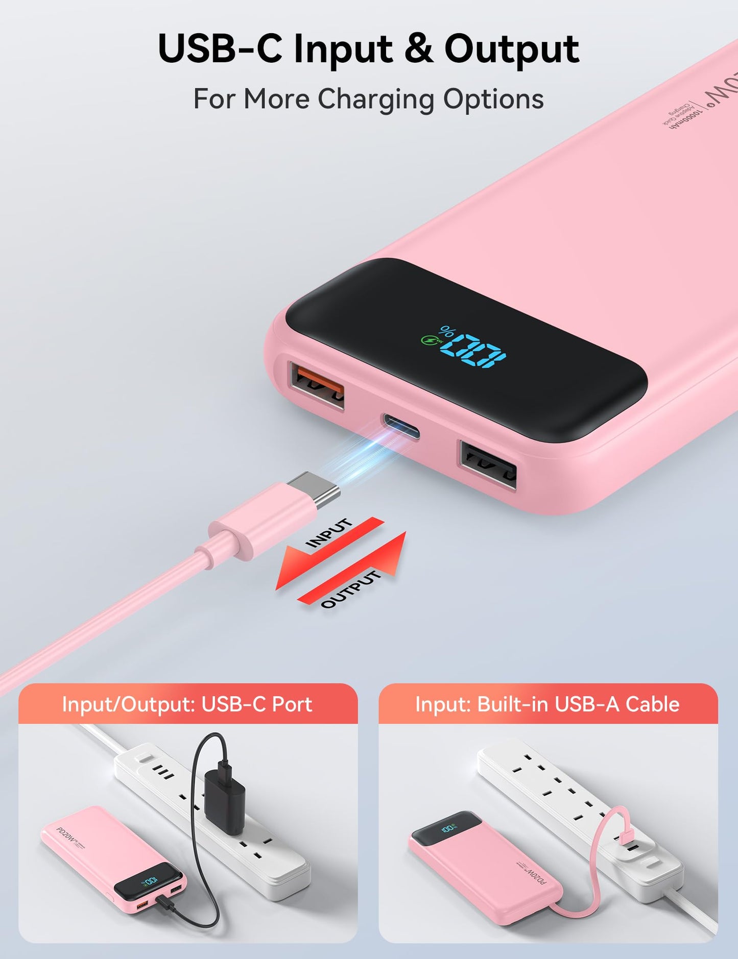 Nusyddy Portable Charger 10000mAh PD20W w/4 Built-in Cables/6 Outputs Pink