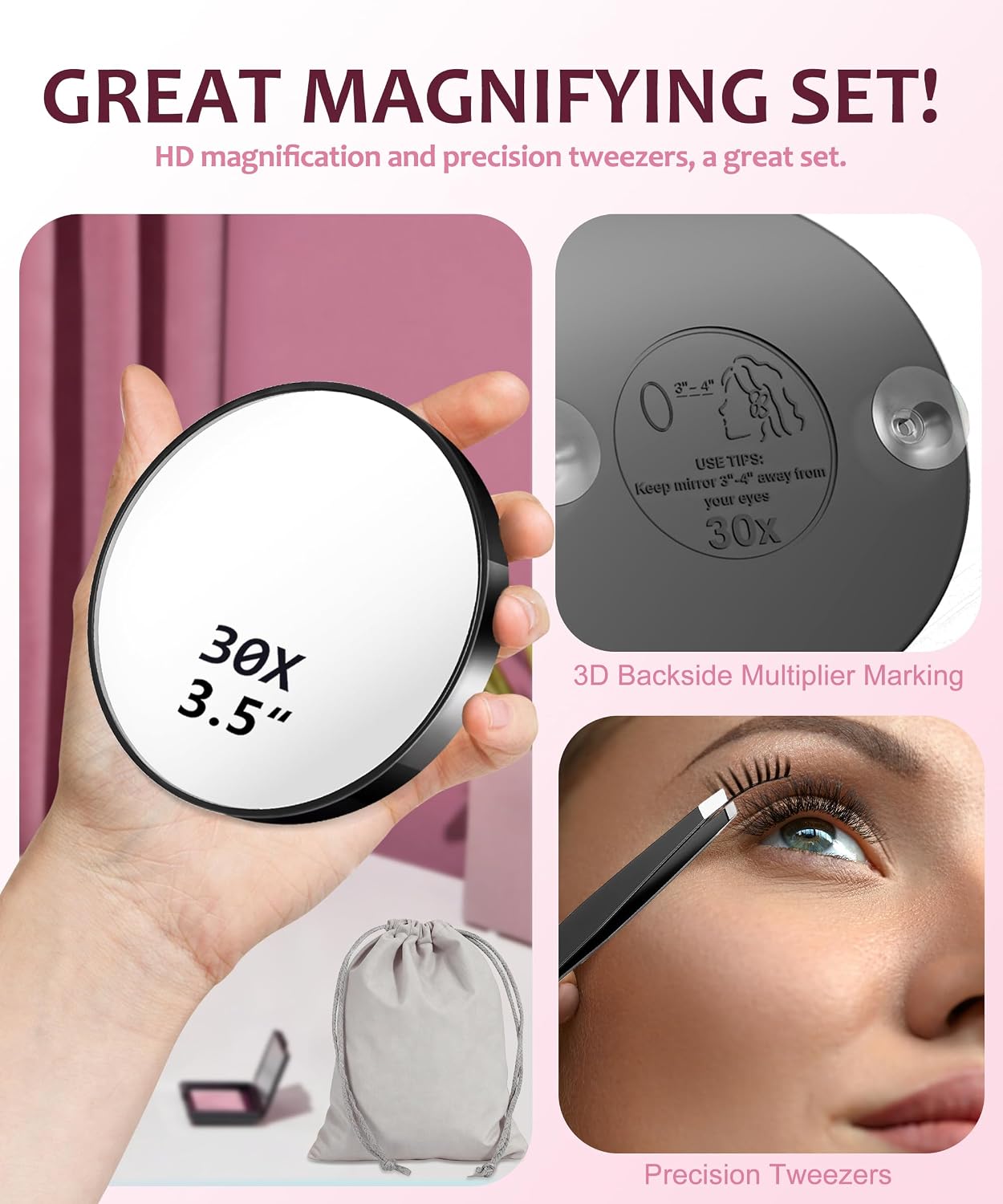 Magnifying Mirror Set - 20X/30X/40X Compact Travel Mirrors with Tweezers & Suction Cups | 3.5 Inches - Black