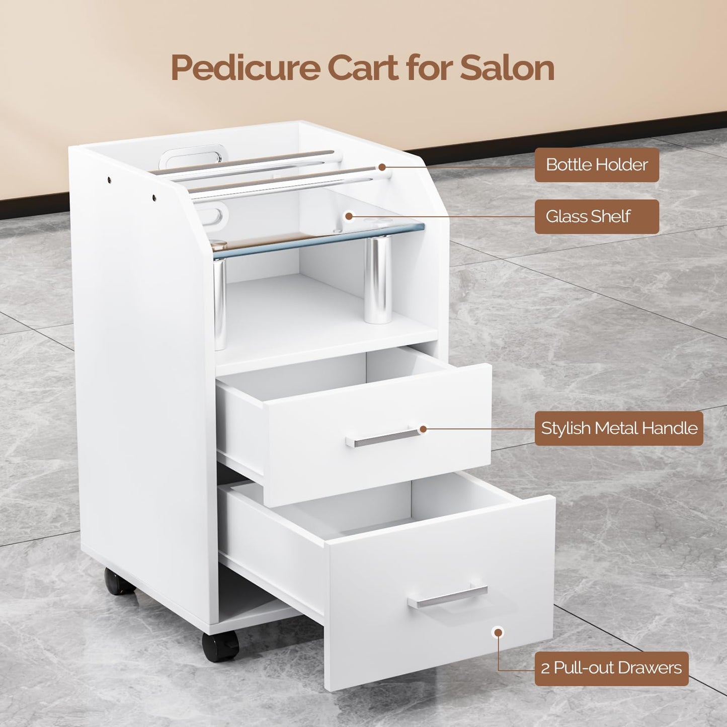 OmySalon Pedicure Cart, Foot Bath Trolley with Storage Drawer & Bottle Racks, Portable Salon Station for Esthetician Manicure & Foot Massage, Beauty Spa Supplies with Locking Wheels, White