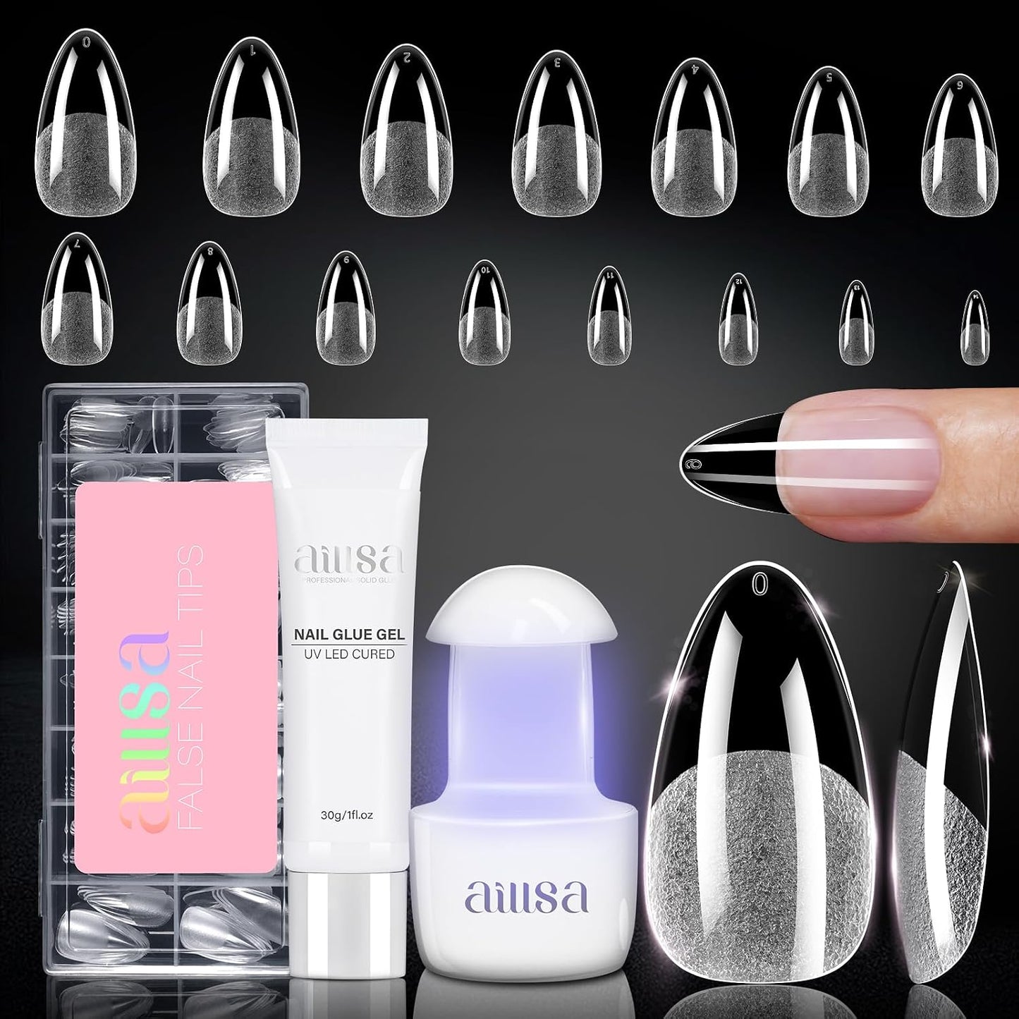 Nail Extension Kit - Medium Almond Nail Tips 224pcs | Solid Gel Glue 30g & Nail Lamp for DIY Home Salon