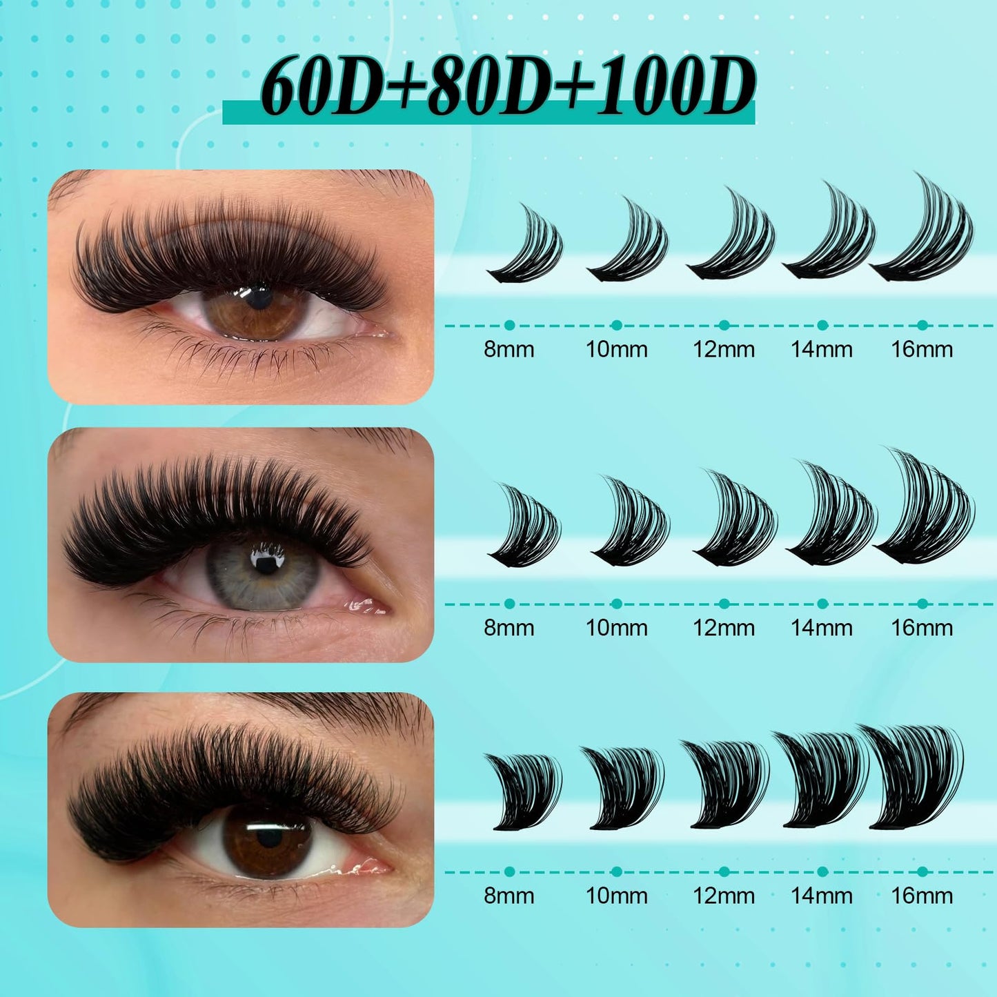 GEMERRY Lash Clusters Kit, Eyelash Clusters Thin Band Lashes Clusters Natural Look Eyelash Extension Kit With Lashes Bond Seal Eyelashes Tweezers (60D+80D+100D,3PCS)