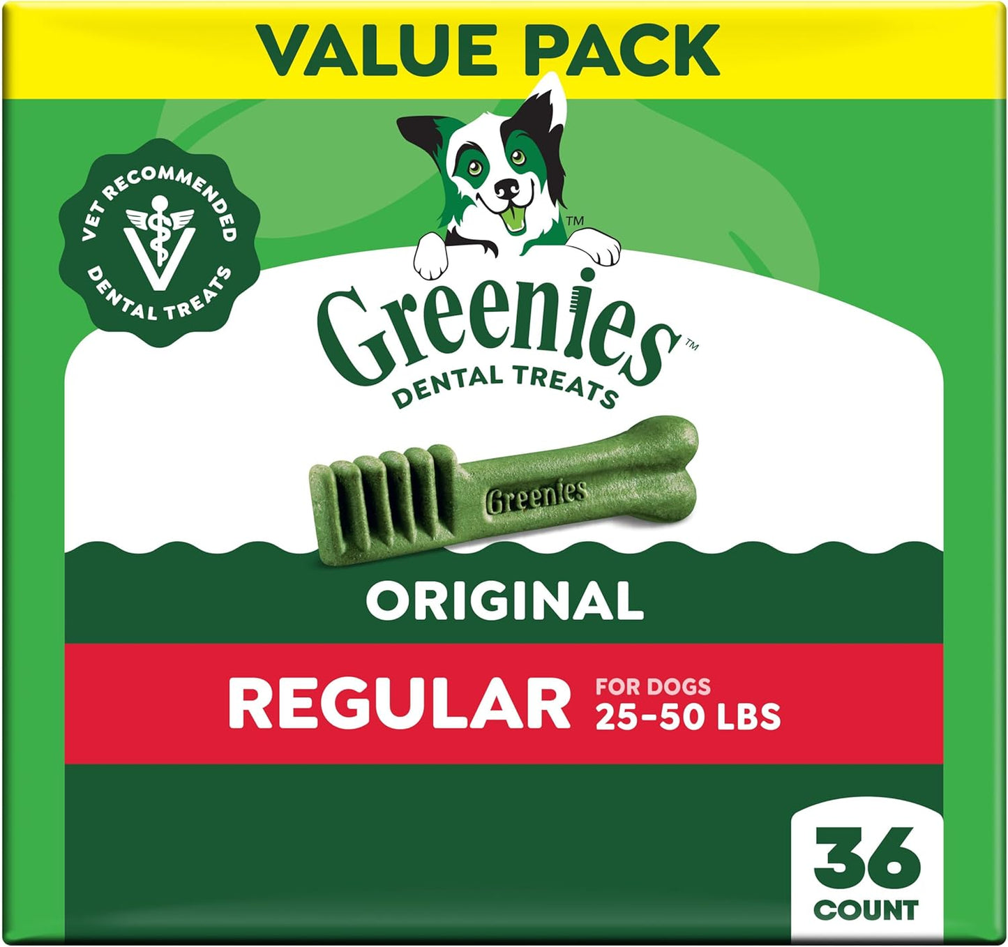 Greenies Natural Dental Dog Treats - Veterinarian-Recommended Chews | Regular Size, Original Flavor, 36 oz. Pack
