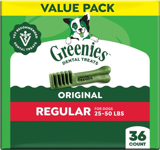 Greenies Natural Dental Dog Treats - Veterinarian-Recommended Chews | Regular Size, Original Flavor, 36 oz. Pack