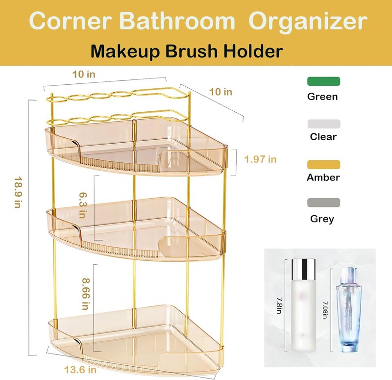 3-Tier Corner Bathroom Counter Organizer - Makeup & Skincare Storage with Brush Holder | Amber