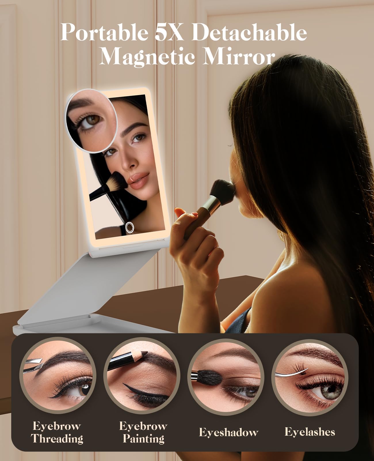 Jack & Rose Travel Mirror with Light, Travel Makeup Mirror with Magnification, Adjustable Height and Angle, Portable Folding Mirror