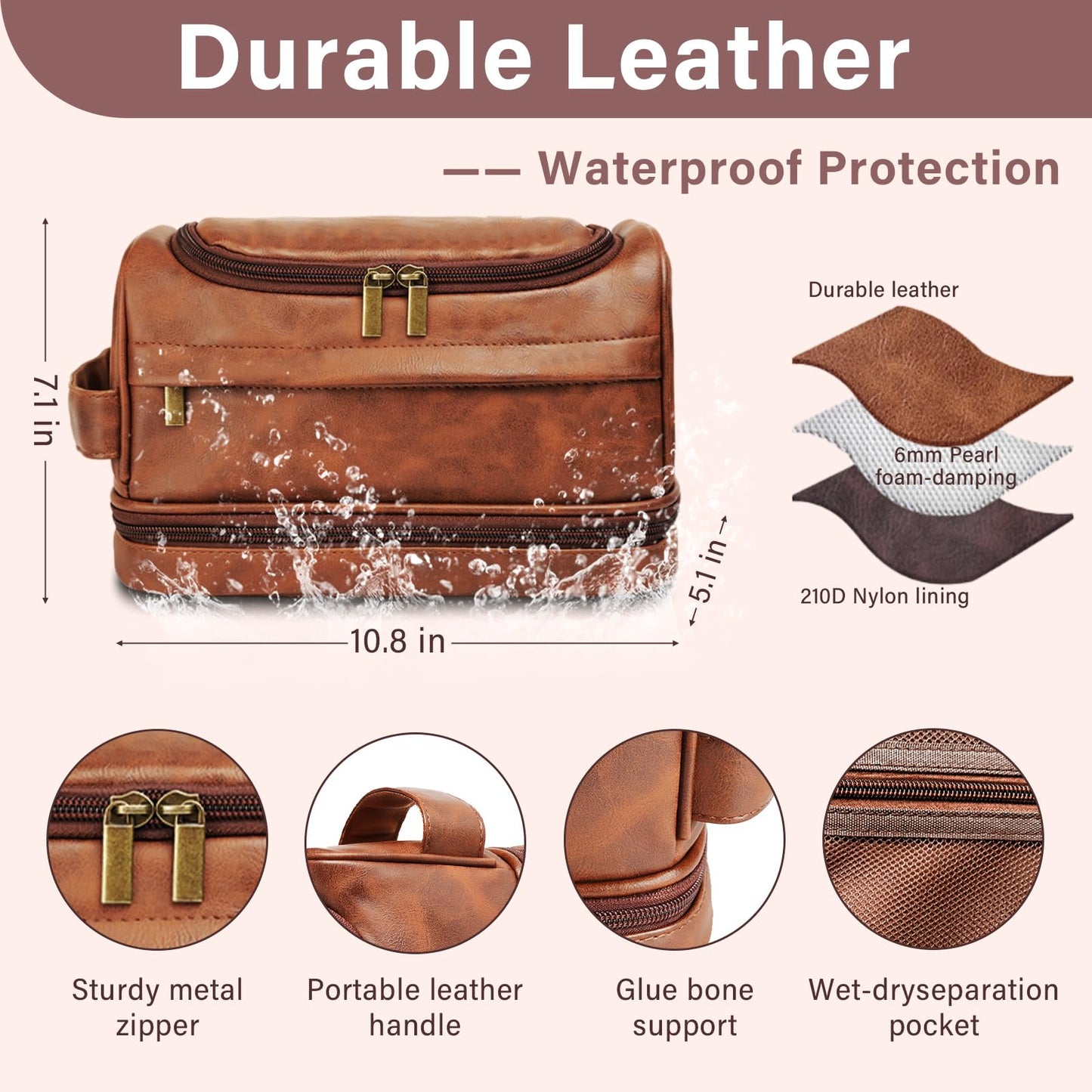 PUREFLY Personalized Toiletry Bag for Men, Custom Gifts for Men, Christmas, Leather Travel Shaving Bag, Gifts for Him, Dad, Father, Boyfriend, Son, Husband, Brother, Birthday, Engraved Pattern Text