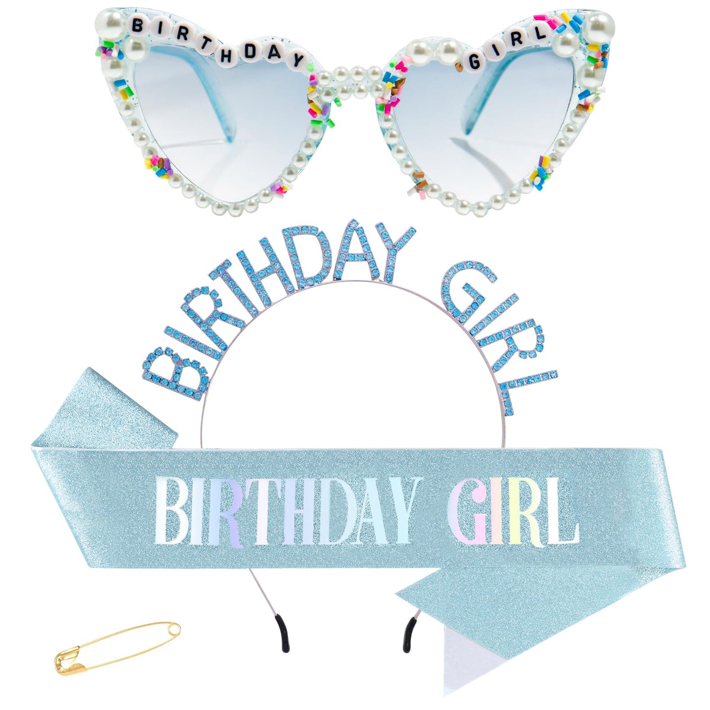 GZJINYUAN 3Pcs Birthday Girl Sash Headband Set- Glitter Sashs Rhinestone Headband Sunglasses, Birthday Sash Accessories for Women Girls (Blue)